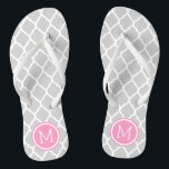 Monogramm aus grauem und rosa marokkanischem Quarz Badesandalen<br><div class="desc">Maßgeschneiderte,  bedruckte Flop-Sandalen mit einem stilvollen marokkanischen Quartrefolienmuster und einem eigenen Monogramm oder einem anderen Text in einem Kreisrahmen. Klicken Sie auf Anpassen,  um Schriftart und Farben zu ändern oder eigene Bilder hinzuzufügen,  um ein einzigartiges Design zu erstellen!</div>