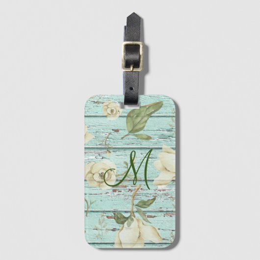 Monogramm aus grünem Holz mit Magnolien Gepäckanhänger (Vorderseite Vertikal)