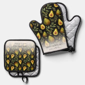 Monogramm aus Liebe Avocado Muster Ofenhandschuh & Topflappen-Set (Vorderseite/Rückseite)