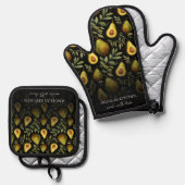 Monogramm aus Liebe Avocado Pattern Schwarz Ofenhandschuh & Topflappen-Set (Vorderseite/Rückseite)