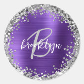 Monogramm aus lila gebürstetem Metall Silber Glitz Runder Aufkleber (Vorderseite)