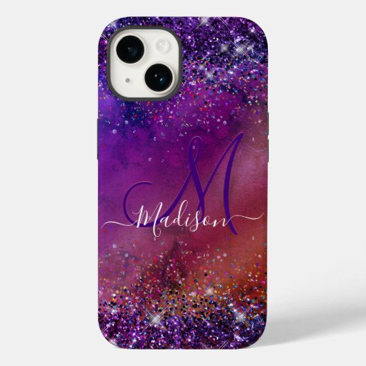 Monogramm aus lila Glitzer mit Pinselstrich Case-Mate iPhone Hülle (Rückseite)