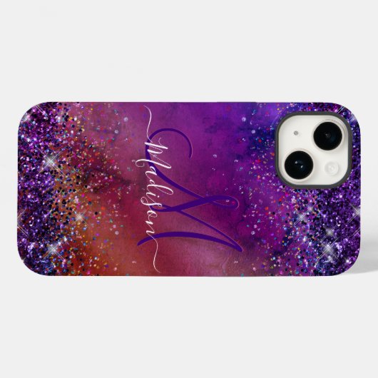 Monogramm aus lila Glitzer mit Pinselstrich Case-Mate iPhone Hülle (Rückseite (Horizontal))