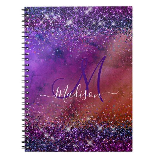 Monogramm aus lila Glitzer mit Pinselstrich Notizblock (Vorderseite)