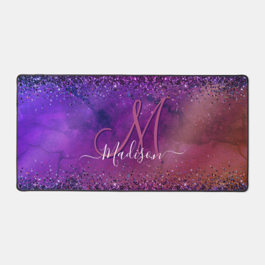 Monogramm aus lila Glitzer mit Pinselstrich Schreibtischunterlage (Vorderseite)