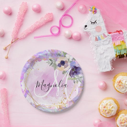 Monogramm aus Lila, rosa und goldfarbenem Rainbow- Pappteller (Party)