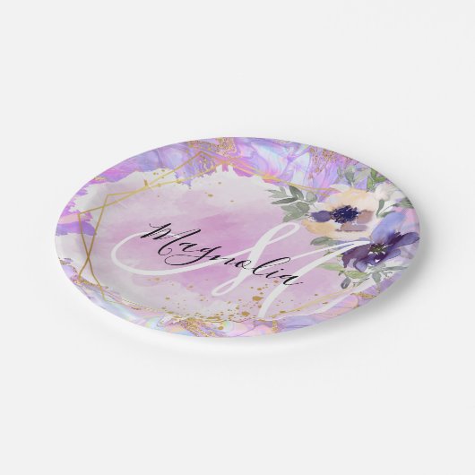 Monogramm aus Lila, rosa und goldfarbenem Rainbow- Pappteller (Schrägansicht)