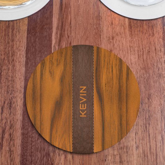 Monogramm aus Mahagoniholz und Leder Runder Pappuntersetzer