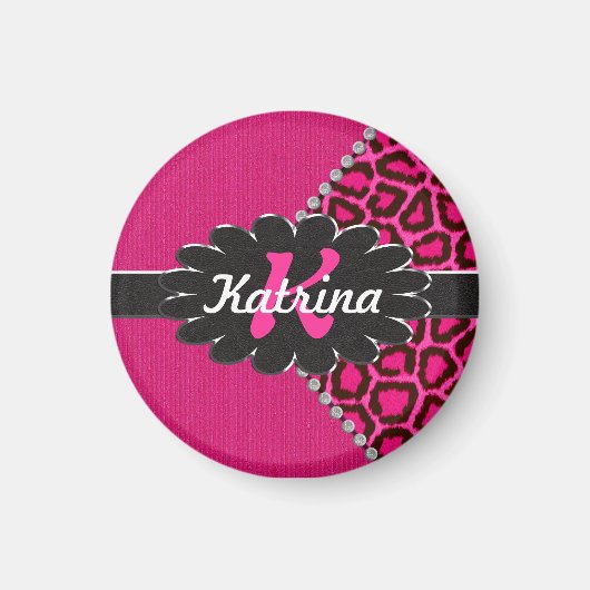 Monogramm aus schwarzem Leder in rosa Geparden Magnet (Vorne)