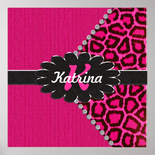 Monogramm aus schwarzem Leder in rosa Geparden Poster (Vorne)
