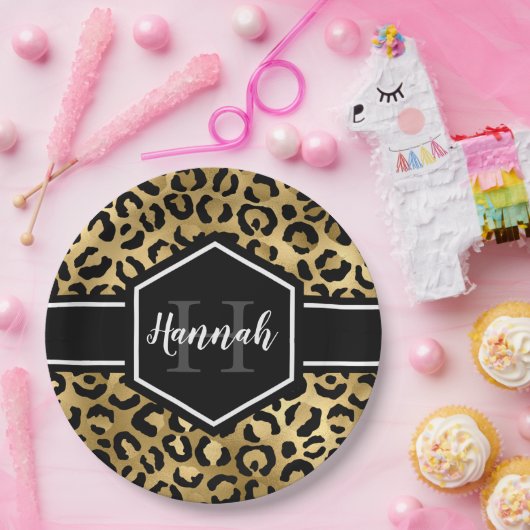 Monogramm aus schwarzem Leopard Pappteller (Party)