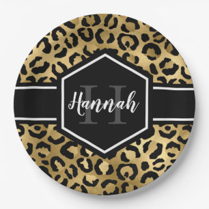 Monogramm aus schwarzem Leopard Pappteller