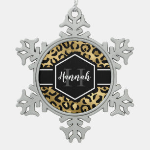 Monogramm aus schwarzem Leopard Schneeflocken Zinn-Ornament