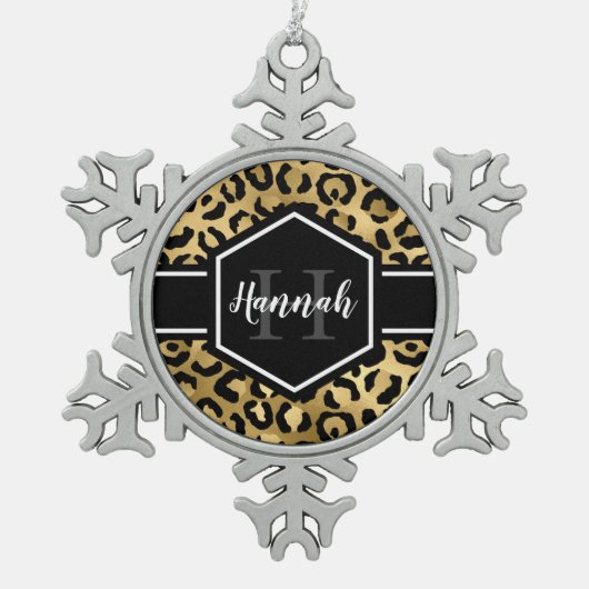 Monogramm aus schwarzem Leopard Schneeflocken Zinn-Ornament (Vorderseite)