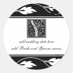 Monogramm aus schwarzem und weißem Leaf Y Runder Aufkleber