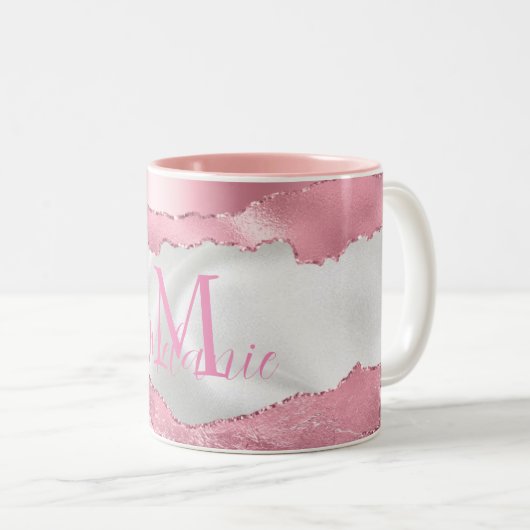 Monogramm aus weißem Satin und rosa Fohlen Zweifarbige Tasse (VorderseiteRechts)