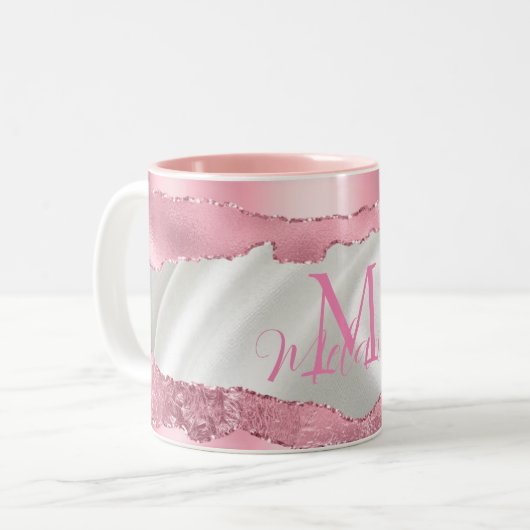 Monogramm aus weißem Satin und rosa Fohlen Zweifarbige Tasse (Vorderseite Links)