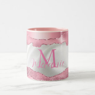 Monogramm aus weißem Satin und rosa Fohlen Zweifarbige Tasse