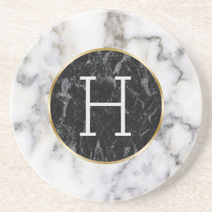 Monogramm aus weißem und schwarzem Zirkel Sandstein Untersetzer
