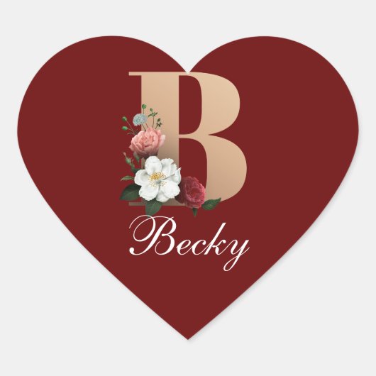 Monogramm B, hübsches Blumendesign, Herz-Aufkleber (Vorderseite)