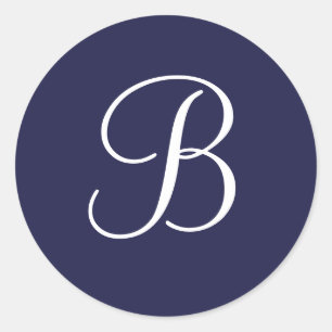 Monogramm B in Weiß auf Navy Blue, Runder Aufkleber