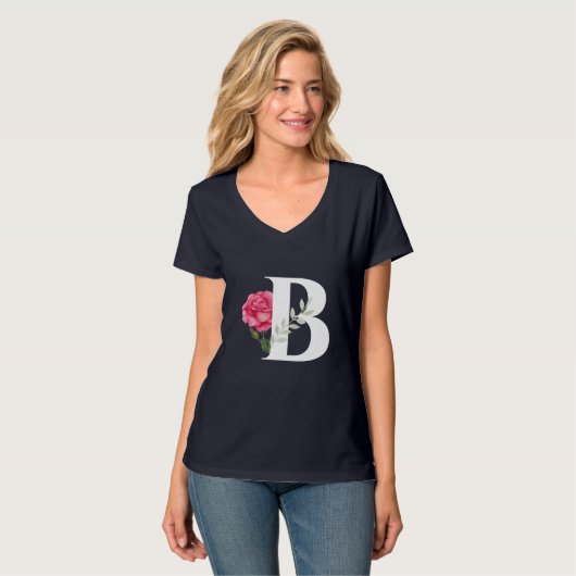 Monogramm B in weißer rosa Rose und Verlassen T-Shirt (Vorderseite Vollansicht)