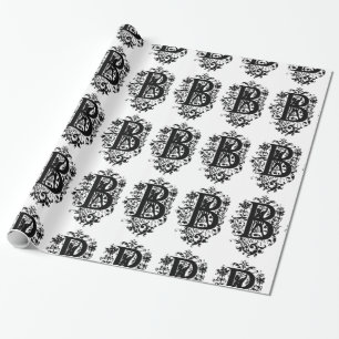 Monogramm B Initial Black and White Floral Pattern Geschenkpapier