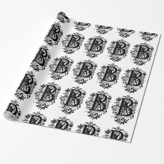 Monogramm B Initial Black and White Floral Pattern Geschenkpapier (Ungerollt)