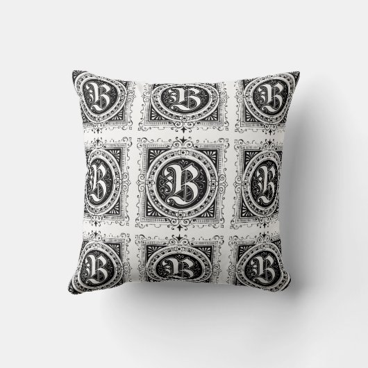 Monogramm B Initial Black and White Floral Pattern Kissen (Rückseite)