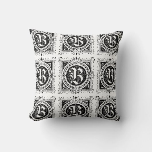 Monogramm B Initial Black and White Floral Pattern Kissen (Vorderseite)
