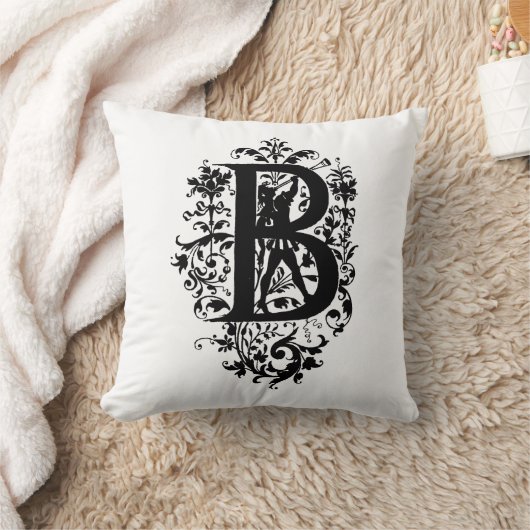 Monogramm B Initial Black and White Floral Pattern Kissen (Decke)