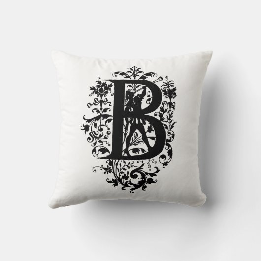 Monogramm B Initial Black and White Floral Pattern Kissen (Rückseite)