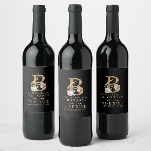 Monogramm B mit Gold und Blume Weinetikett (Flaschen)