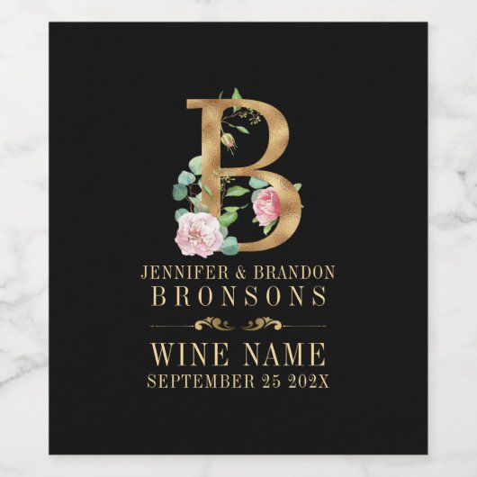 Monogramm B mit Gold und Blume Weinetikett (Einzelnes Label)