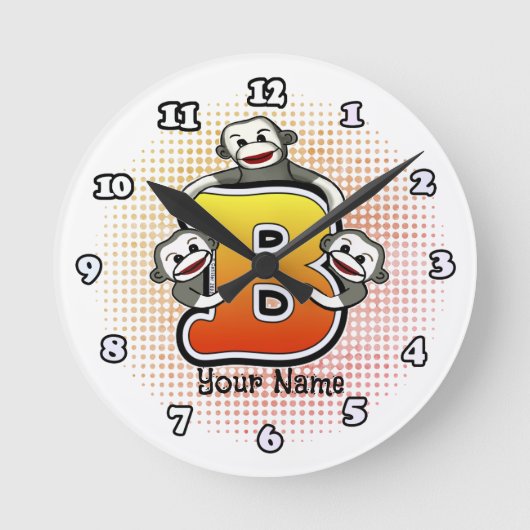 Monogramm B Sock Monkey-Uhr Runde Wanduhr (Vorderseite)