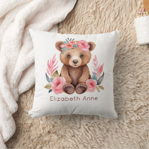 Monogramm Baby Bär Rosa Blumen Baby Mädchen Nurser Kissen