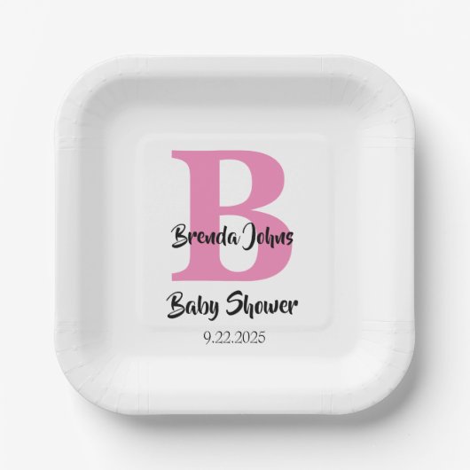 Monogramm Babydusche Rosa Niedlich einfach Pappteller (Vorderseite)