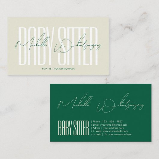 Monogramm BABYSITTER moderne Schrift Visitenkarte (Vorne/Hinten)