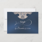 Monogramm, Band & Spitze - Dunkelblau RSVP Karte (Vorderseite)