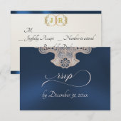 Monogramm, Band & Spitze - Dunkelblau RSVP Karte (Vorne/Hinten)
