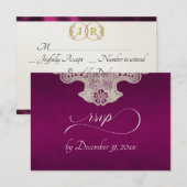 Monogramm, Band & Spitze - Pflaume RSVP Karte (Vorne/Hinten)