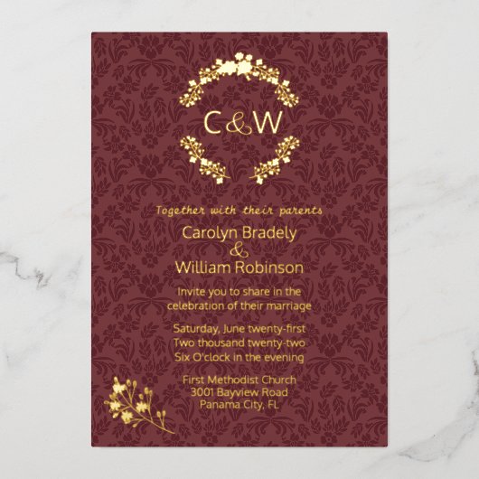 Monogramm bei Hochzeit des Blumenkreides Folieneinladung (Vorderseite)