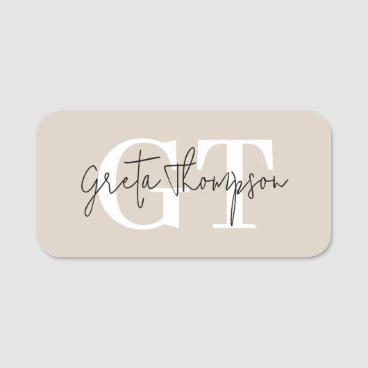 Monogramm Beige für schwarze und weiße Signaturen Namensschild (Vorderseite)