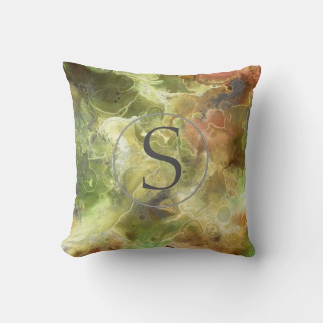 Monogramm-beige grünes Aquarell-Fall-Wurfs-Kissen Kissen (Vorderseite)