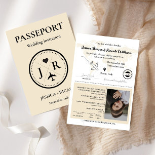 Monogramm-beige-Pass-Hochzeit in Urlaubsort Einladung