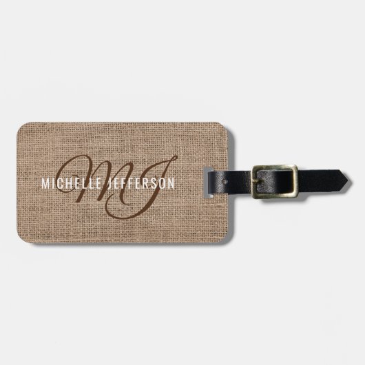 Monogramm - Beige Struktur Juteleinwand Gepäckanhänger (Vorderseite horizontal)