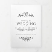 Monogramm Blatt Herz Schwarz-weiß Hochzeit All-in- Dreifach Gefaltete Einladung (Cover)