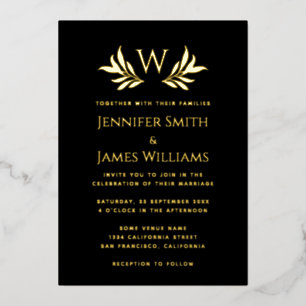 Monogramm Blätter Einfach Elegant Schwarz Gold Hoc Folieneinladung