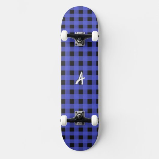 Monogramm Blau Buffalo Karo Rustikales Muster Skateboard (Vorderseite)