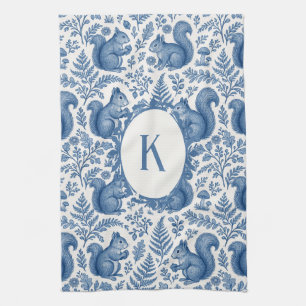 Monogramm Blau Chinoiserie Eichhörnchen Waldlandsc Geschirrtuch